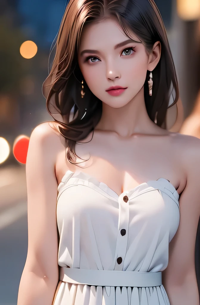 (((best quality))),1 female,slender face,(((arms behind))),(((cool beauty))),Black Hair,Brown Eyes,medium hair,straight hair,small breasts,looking at viewer,bed,25 years old,No pubic hair,Height: 160cm,(full body),blouse,Standing in a busy street at night,mini skirt,Rin々Funny face