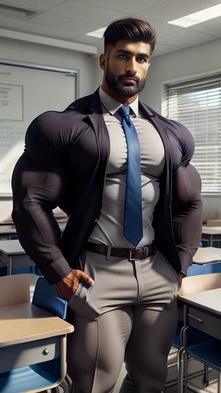 40 years old handsome hunk indian teacher with small beard mascular dark skin jaat with spiky hairstyle, head to thighs, beautiful eyes, large lips, volumeric light, wearing button opened shirt showing hairy chest with unbuttoned grey trouser with grey tie, huge bulge show at front of children, muscular chest, long legs, Wide shoulders, nice detailed hands, standing with spread legs in classroom background, sunny day, daylight, huge bulge, erect bulge, seductive, erotic, exotic