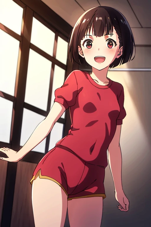 ((Highest quality)), ((masterpiece)), (be familiar with), Perfect Face, indoor, Bedroom, Watching the audience,
One woman, nameless,
Open Mouth, Ecstatic expression, blush, smile,
Small breasts, Flat Chest, Young Girl, , , Girl,
Short Hair, Short Bob,
Gym suit, White short sleeves, Black shorts, Leg spread,