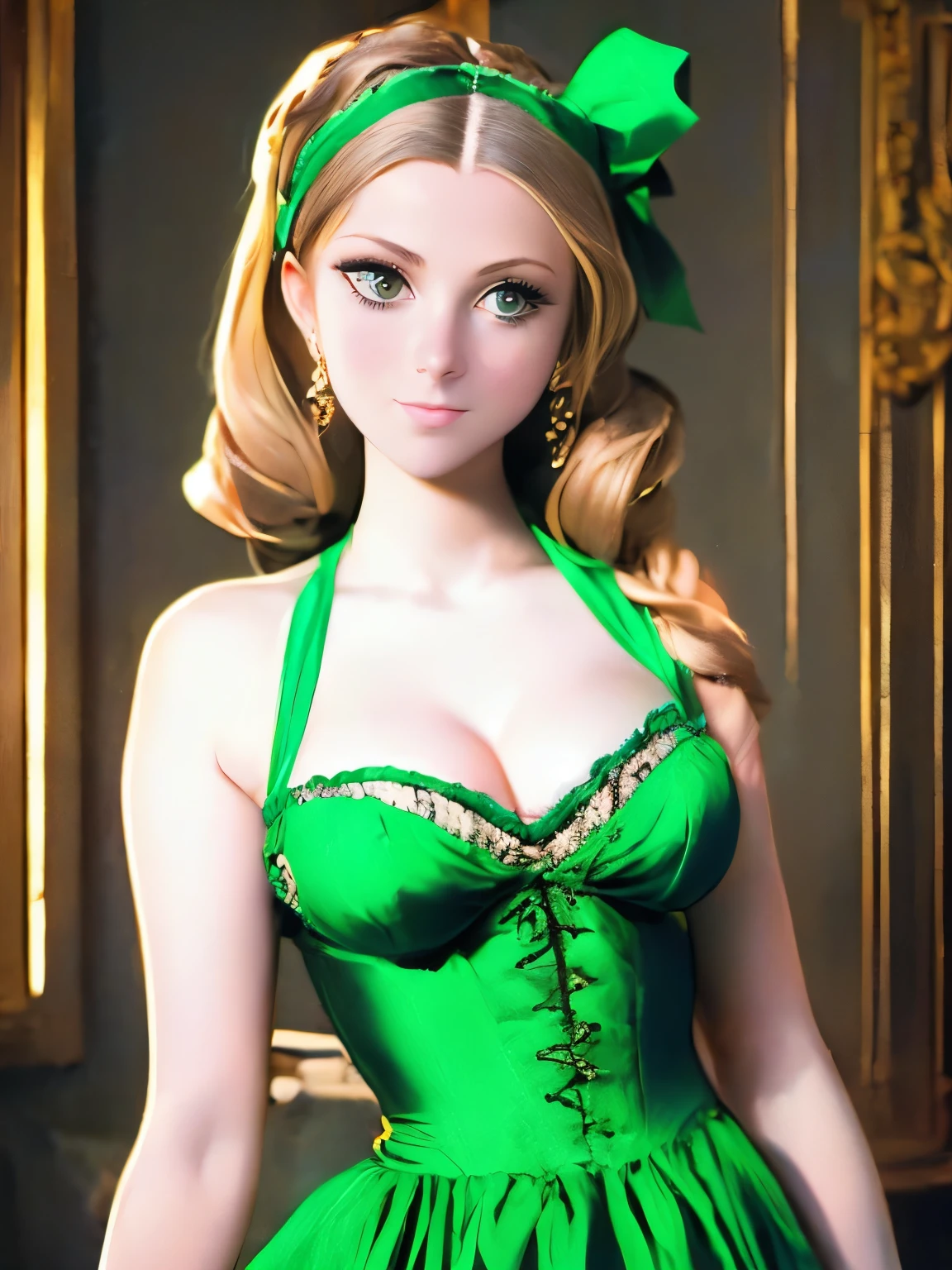 arafed woman in a green dress with a green bow, by Eliseu Visconti, 1 9 7 6, 1976, in a high renaissance style, 1 9 7 7, 1977, gregoire and manon, 1 9 7 3, 1973, 1971, 1 4 8 0 s