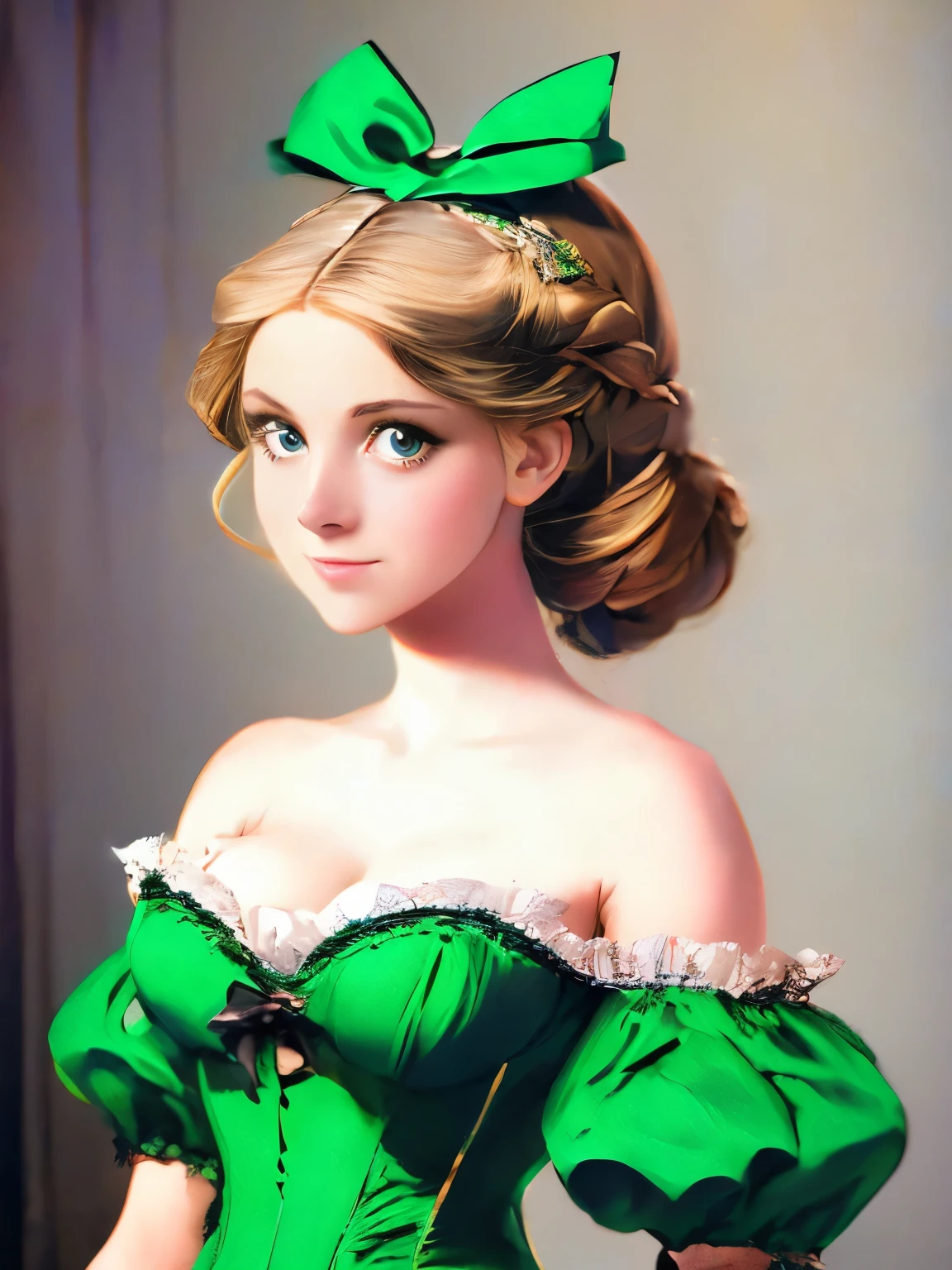 arafed woman in a green dress with a green bow, by Eliseu Visconti, 1 9 7 6, 1976, in a high renaissance style, 1 9 7 7, 1977, gregoire and manon, 1 9 7 3, 1973, 1971, 1 4 8 0 s