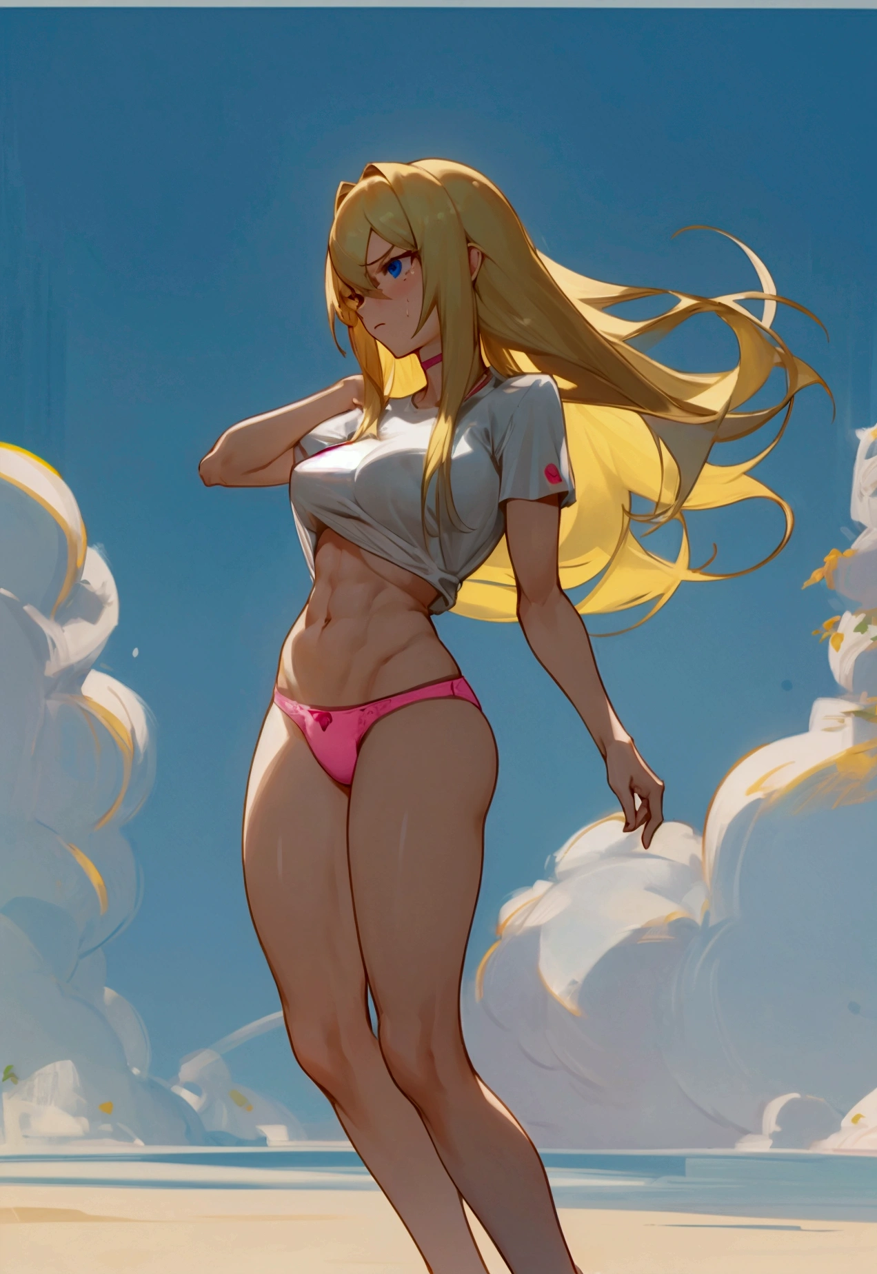 Make me the character of Samus Aran from the video game Metroid, the girl has long blonde hair, she has a sexy and athletic body but not so muscular, thighs and buttocks, not too much either. big not too small, her breasts not too big not too small, make her a cute and shy cat girl, her face is flushed with a shy and embarrassed expression. She is dressed in a short white but loose t-shirt with her abdomen exposed showing her skin and with pink panties and they give me a full body image, her blue eyes
