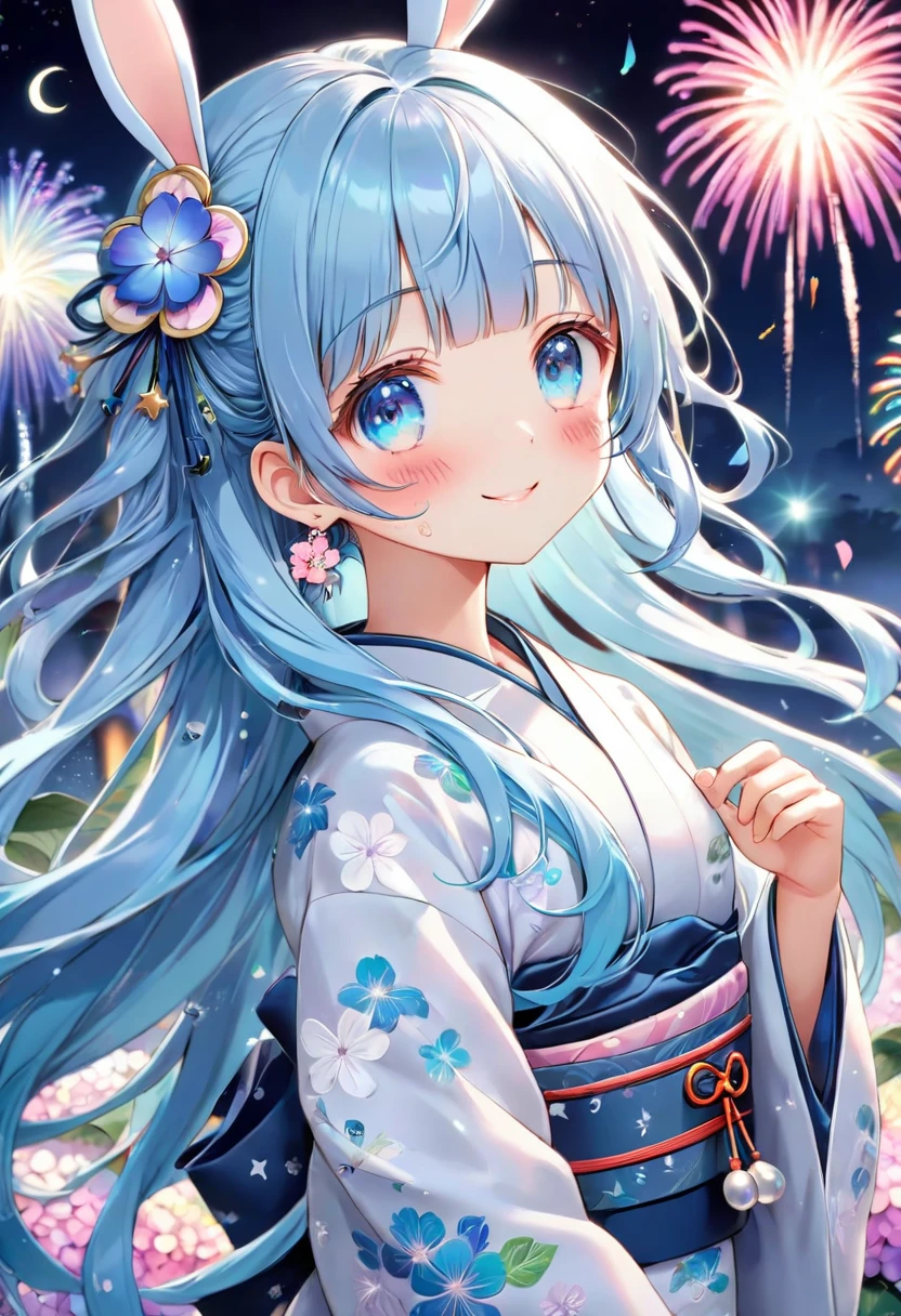 masterpiece, best quality, extremely detailed, (illustration, official art:1.1), 1 girl ,(((( light blue long hair)))), ,(((( light blue long hair)))),light blue hair, , long hair ((blush)) , cute face, masterpiece, best quality,(((((a very delicate and beautiful girl))))),Amazing,beautiful detailed eyes,blunt bangs((((little delicate girl)))),(((tareme))),droopy eyes.(true beautiful:1.2), sense of depth,dynamic angle,,,, affectionate smile, (true beautiful:1.2),,(tiny 1girl model:1.2),)(flat chest), "A woman in a beautiful white yukata with hydrangea patterns. The obi of the yukata is pink and adorned with shining pearl accessories. The background features fireworks lighting up the dark night sky with vibrant colors, beautifully illuminating her."colored inner hair, side ponytail, hair one side up, shiny hair, wet hair, tied hair, low-braided long hair, lone nape hair, kanzashi, star hair ornament, bunny hair ornament, musical note hair ornament, multicolored eyes, aqua eyes, gradient eyes, gradient_eyes, longeyelashes, solid circle eyes, crescent earrings, glint, happy, laughing, Surrealism, anime, sparkle, 8k, super detail, UHD, accurate, masterpiece, anatomically correct, textured skin, super detail, high details, high quality, award winning, best quality, highres