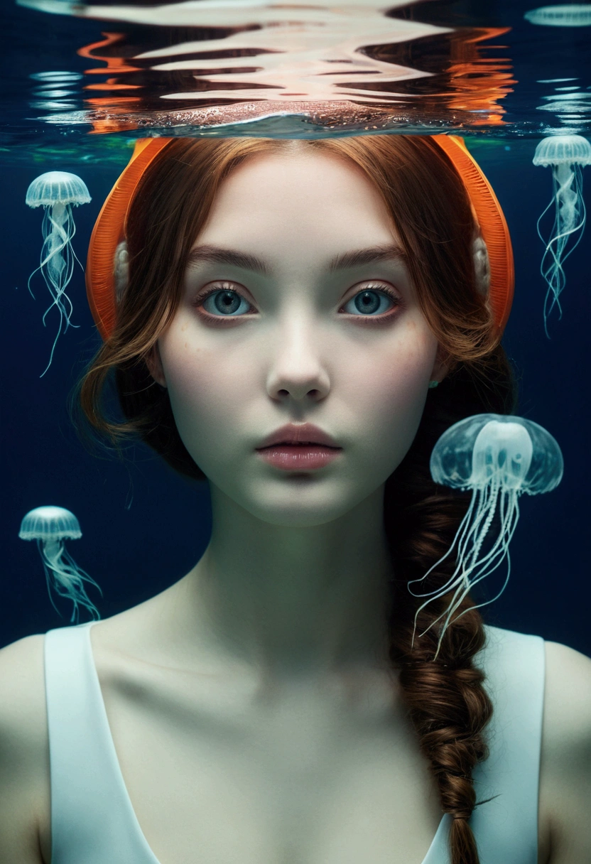 ((masterpiece,best quality)),(negative space:1.2),(1girl, solo:1.4),beautiful detailed eyes,floating hair, underwater, bubble, fish, (jellyfish), fluorescence,sea turtle, seaweed,