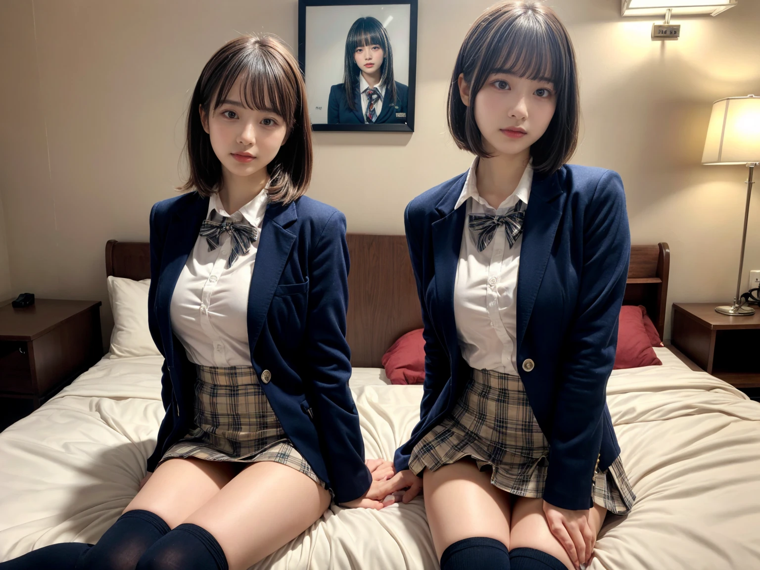 masterpiece, best quality, illustration, Super detailed, fine details, High resolution, 8K,wall paper, perfect dynamic composition,(Details High quality, realistic depiction of eyes:1.3), (2 girls), High school girl uniform、blazer 、Super Short Check Uniform Skirt、Navy blue high socks、garterbelts、Colossal tits, sitting, open legs, short bob hair, in a hotel room in the background, deep on field, large breasts, black hair color, Big Natural Color Lip, (perfect body shape), crying a little、Harajuku style、20 year old girl、cute type、beautiful legs, Gravure Idol
