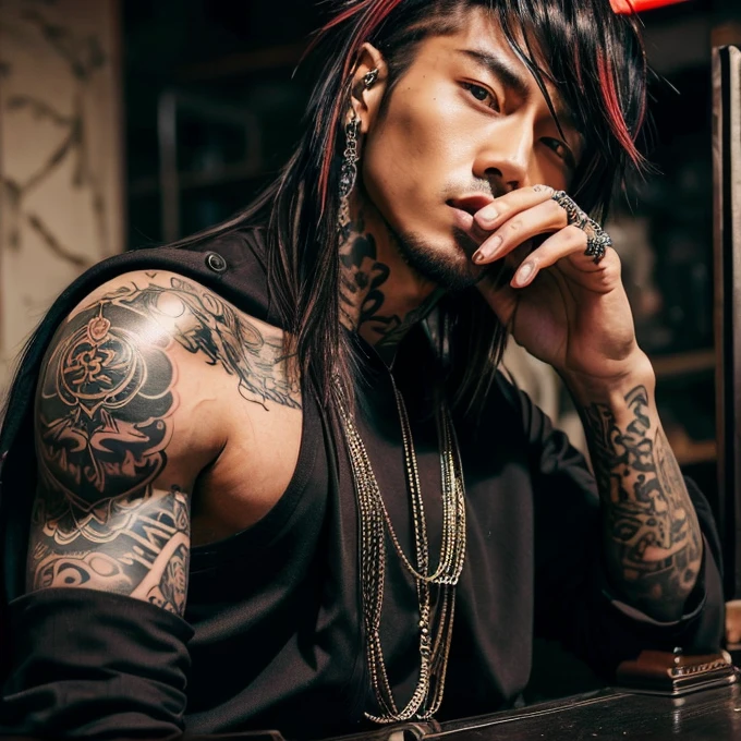 1 man, Japanese man, male, Asian eyes, muscular, broad shoulders, yakuza tattoos, hairstyle Visual Kei style, hair Visual Kei, black men's shirt and black pants, ultra detailed face, hyperrealistic, realistic representation, long hair, long hair, 30 years old, age 30 years, blond, blonde hair
