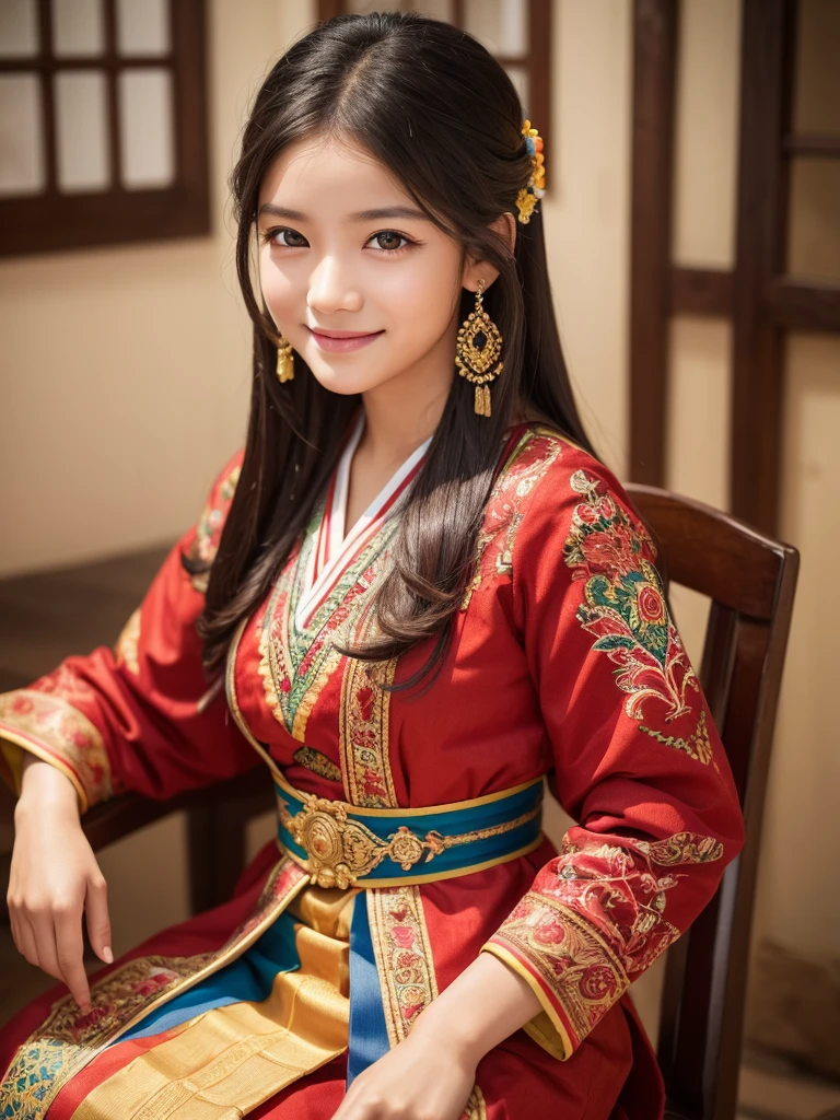 A young girl, ,(dark skin), wearing a vibrant traditional ethnic costume with intricate embroidery, sitting on an old wooden chair, smiling, (best quality,4k,8k,highres,masterpiece:1.2),ultra-detailed,(realistic,photorealistic,photo-realistic:1.37),portrait,detailed face,beautiful detailed eyes,beautiful detailed lips,extremely detailed eyes and face,longeyelashes,warm lighting,vibrant colors,soft focus,detailed clothing,traditional culture