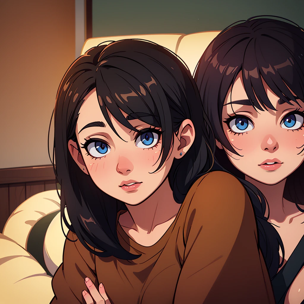 A beautiful, voluptuous woman with long, straight black hair, dark skin, and deep black eyes, sitting alone on a sofa, blushing and looking directly at the viewer, wearing a yellow shirt and blue pants, (best quality,4k,8k,highres,masterpiece:1.2),ultra-detailed,(realistic,photorealistic,photo-realistic:1.37),extremely detailed eyes and face,longeyelashes,beautiful detailed eyes,beautiful detailed lips,intricate details,cinematic lighting,warm color palette,chiaroscuro lighting,dramatic shadows,captivating portrait