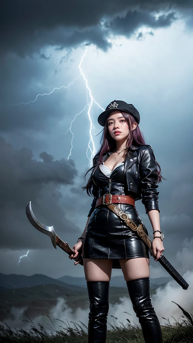 "Create an image of Perona from One Piece in a battle-ready outfit, wearing a tough, gothic warrior ensemble with her weapon at the ready, have massive k-cups, standing on a stormy battlefield with lightning and swirling mist."