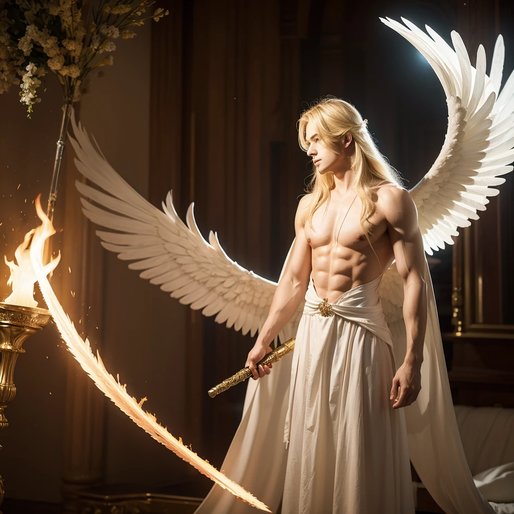 Blonde male, angel, long hair male, white dress, flaming sword, large wings