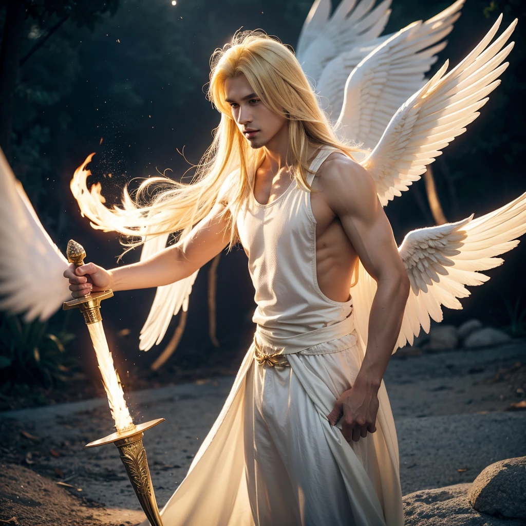 Blonde male, angel, long hair male, white dress, flaming sword, large wings