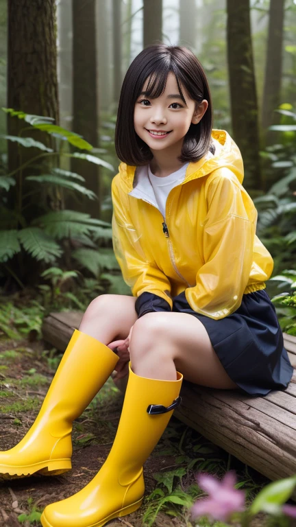 (perfect Ratio Face, Balanced eyes), double eyelid,japanese,yr,round face, an innocent face, Beautiful nasal muscles, lipgloss, smiling, Balanced style, small & flat chest, raincoat, Frill skirt, yellow rubber boots,sitting on wooden chear,in foggy forest