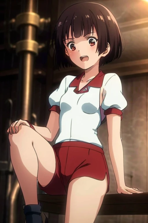 ((Highest quality)), ((masterpiece)), (be familiar with), Perfect Face, indoor, Bedroom, Watching the audience,
One woman, nameless,
Open Mouth, Ecstatic expression, blush, smile,
Small breasts, Flat Chest, Young Girl, , , Girl,
Short Hair, Short Bob,
Gym suit, White short sleeves, Black shorts, Leg spread,