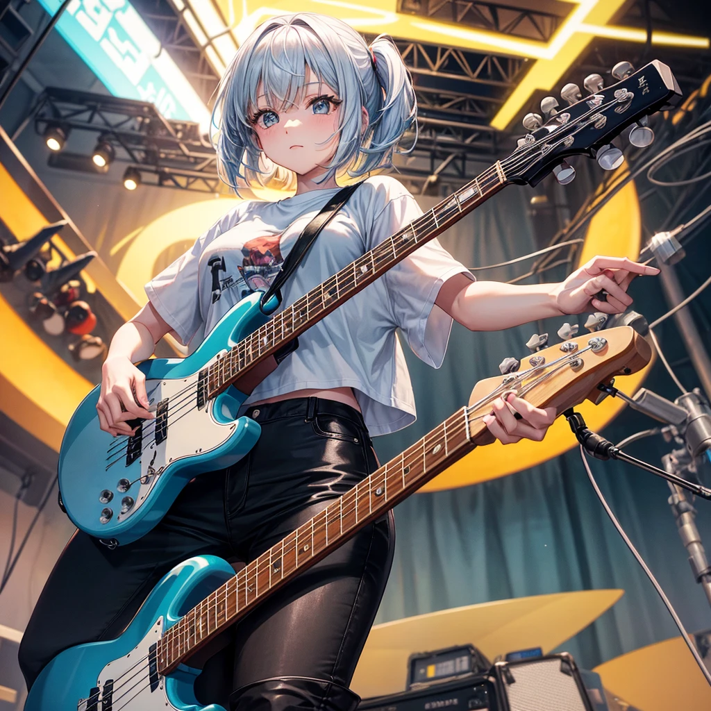 whole body、An illustration、7th life、Cute woman、1 guitarist and vocalist、Electric guitar1 person、Bass guitar1 person、One person playing the drum set、One person playing the keyboard、Five-member girl band、Instrument playing、Plain white T-shirt、Black skinny pants