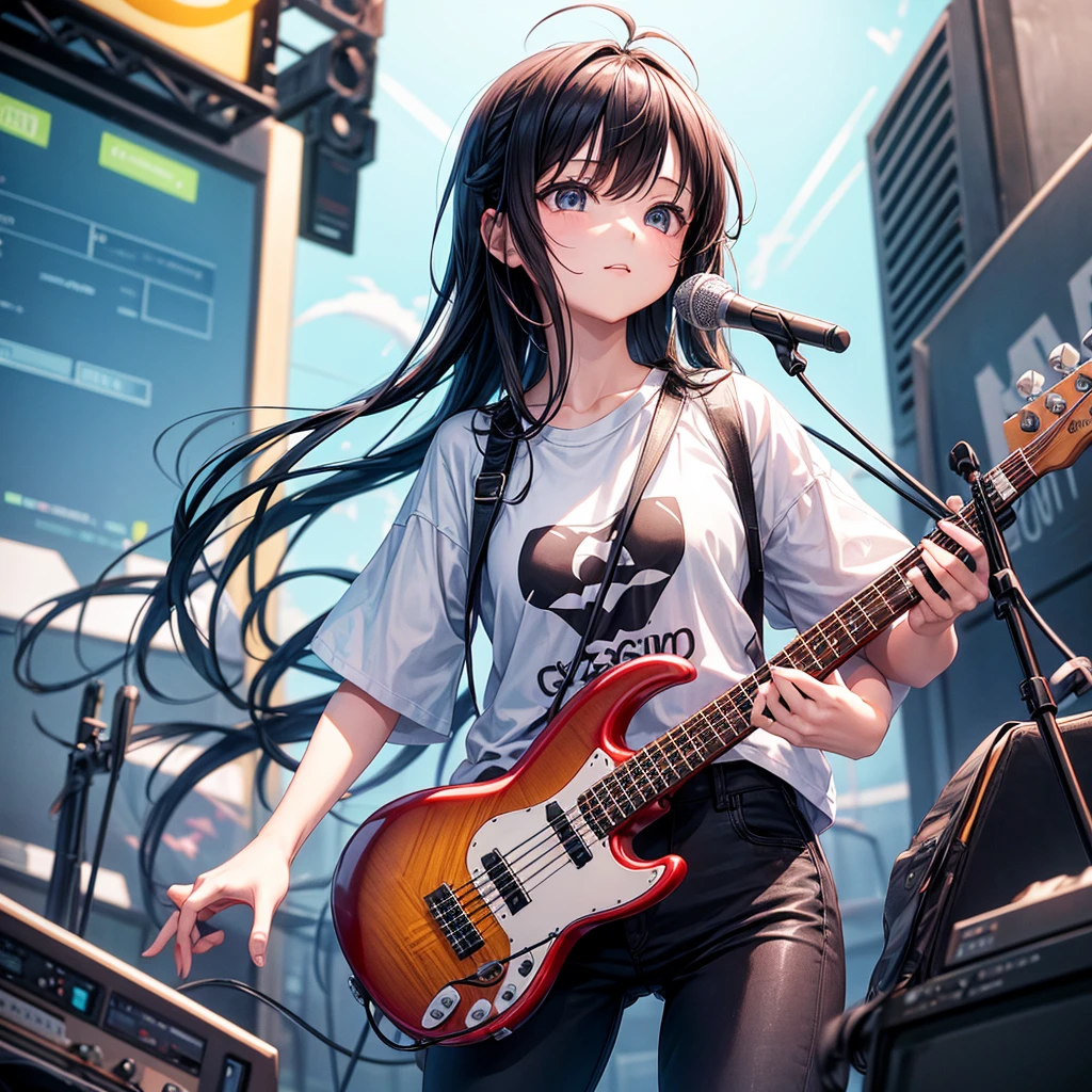 whole body、An illustration、7th life、Cute woman、1 guitarist and vocalist、Electric guitar1 person、Bass guitar1 person、One person playing the drum set、One person playing the keyboard、Five-member girl band、Instrument playing、Plain white T-shirt、Black skinny pants