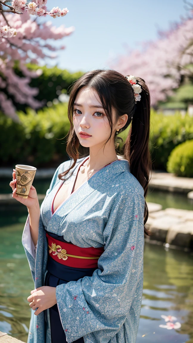 "Show Perona from One Piece in a traditional Wano outfit, wearing a beautifully patterned kimono with floral designs and an ornate hairpiece, have massive k-cups, in a picturesque, Japanese-style garden with cherry blossoms and koi ponds."