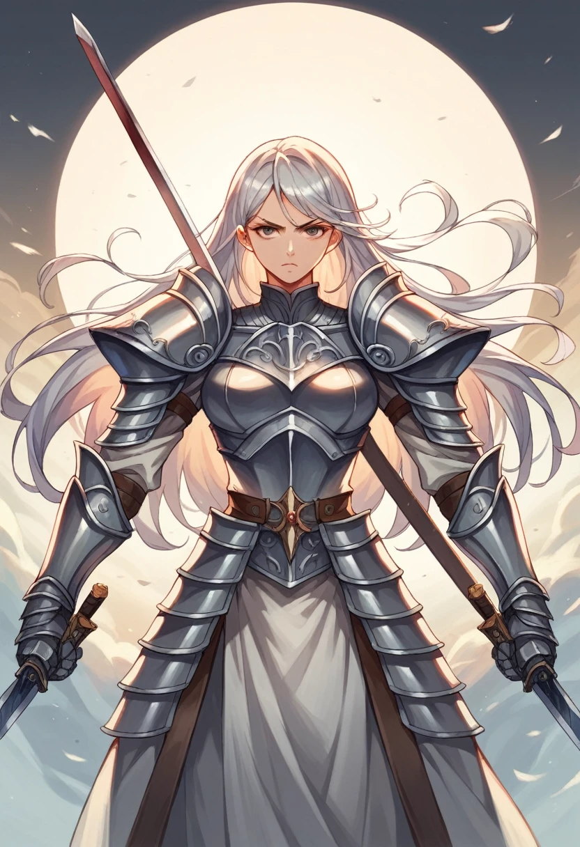 anime art, girl warrior, swordsman, female beautiful, silver armor, wielding a great sword, front view, white long hair, masterpiece, high quality, simple strokes, perfect draw.
