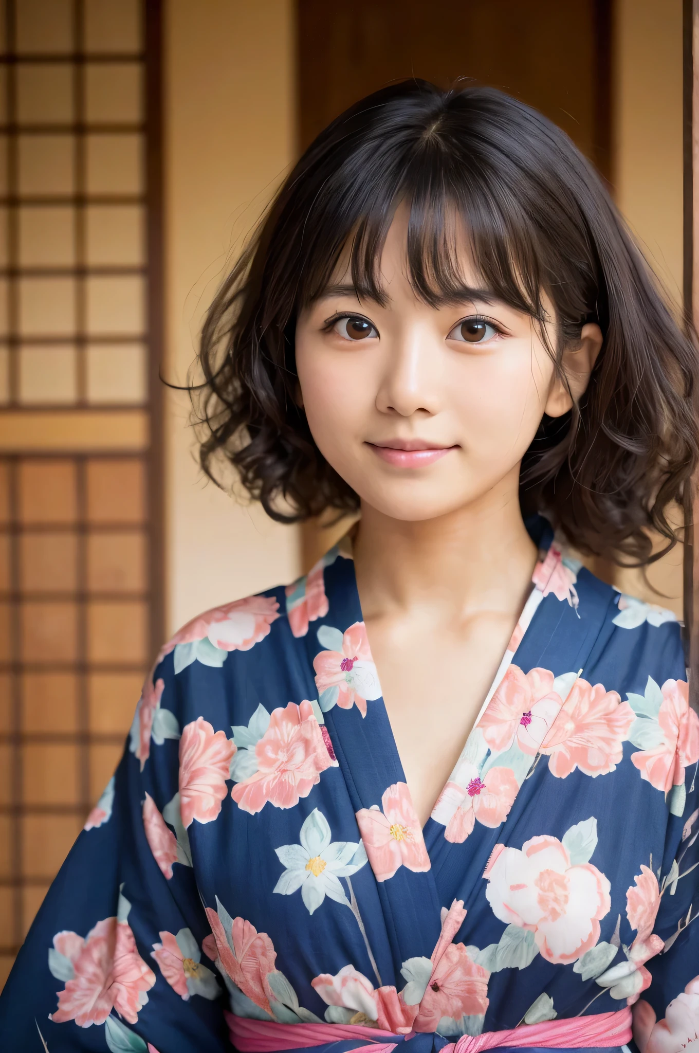 Japanese whole body Loose fluffy curls cute RAW photograph Floral Yukata Real front Whitening older sister looking at the camera Small face Straight face