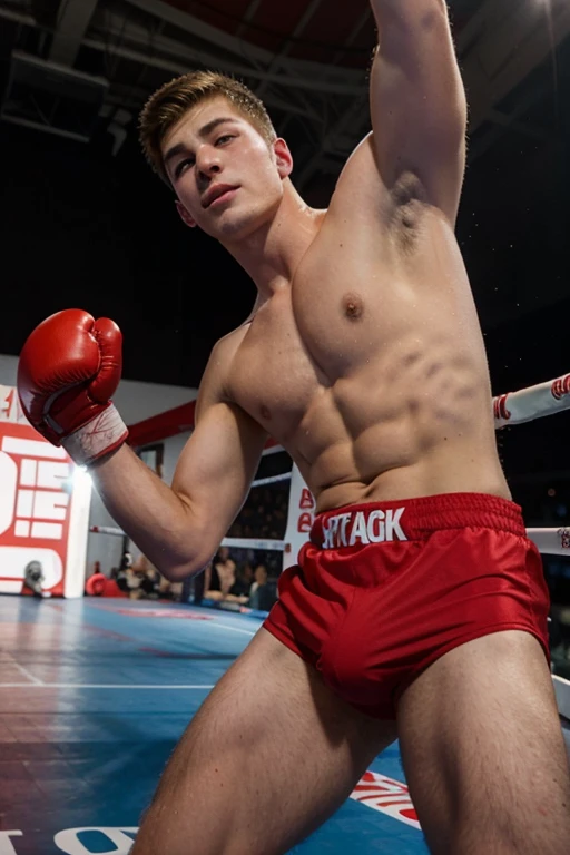 18 year old white boy with red speedo boxing, side view,leaning back