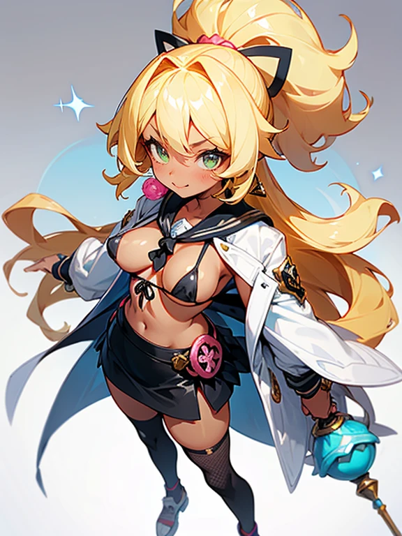 Young girl, full body, standing, tanned brown skin, large breasts, inverted nipples, Long curly hair, dyed golden blonde, hair up, Bright yellow eye shadow, bright yellow lipstick. Large, expressive light blue eyes. Only bikini top, micro bikini, string bikini, black bikini, exposed nipples, tie between breasts, black sailor collar, white coat, open coat, Micro skirt, Aquamarine skirt,(( high-waist_skirt)), tight pencil skirt, wide leather belt, Platform tennis shoes, high heel tennis shoes, fishnet_thighhighs, Multiple bracelets and necklaces Long earrings with colorful beads. ((Large mace designed like a giant candy lollipop))), with bright colors and a white handle Small circular pin designed like a candy corn, with spiral patterns in pastel shades (red, blue, white). White background. Relaxed pose: smiling and showing her positive attitude, holding her mace as if it were a real sweet, giving the impression of eating it. Happy and confident facial expression, with a dazzling smile. Eyes shining with determination and enthusiasm. anime style, insoired by genshin impact