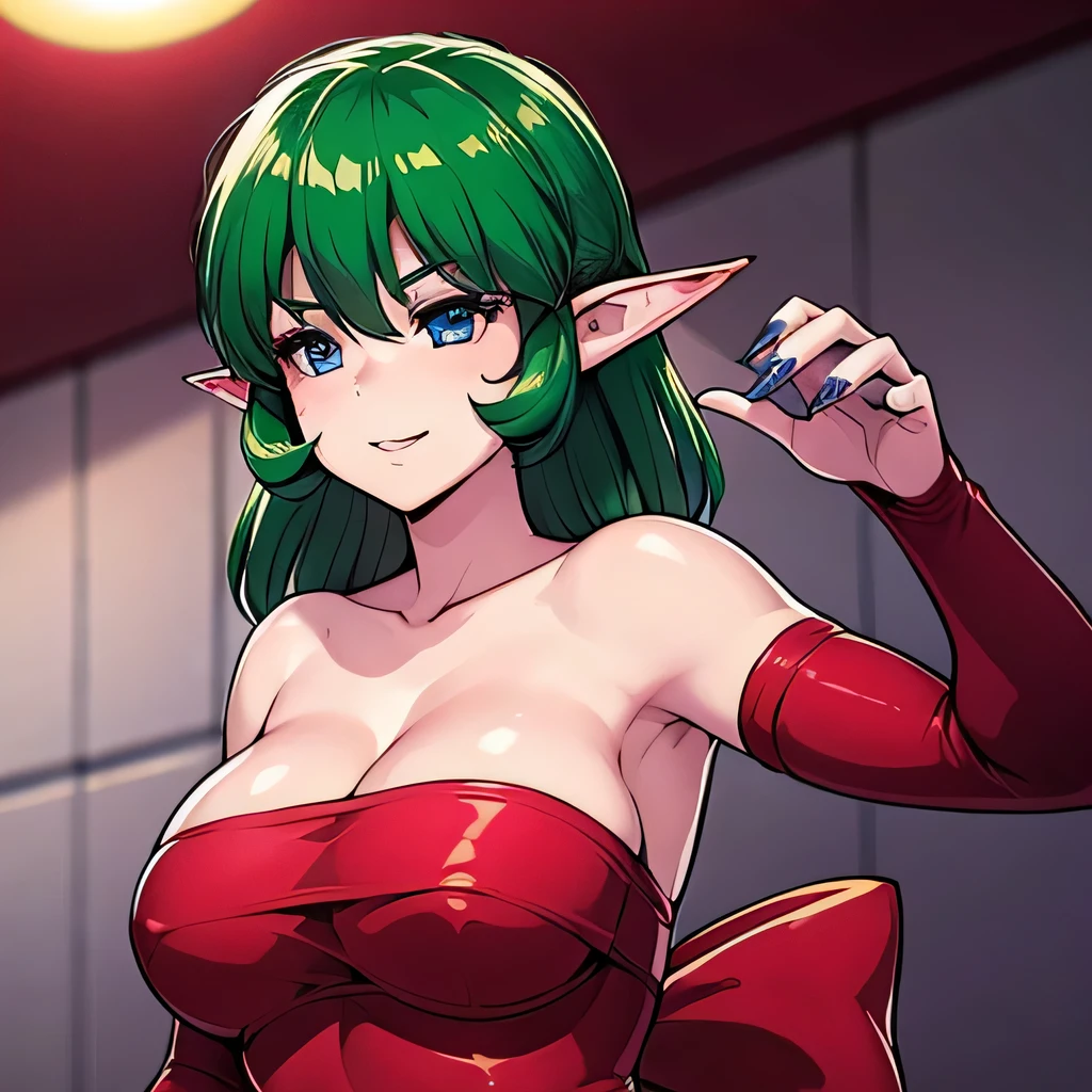  ((masterpiece,best quality,ultra-delicate,Perfect Face,16k,high resolution,very beautiful girl)),green hair,Red strapless bodycon tube dress ,Red long arm sleeves,red huge bow with back of dress:1.3,Elf Girl,large Breasts,blue eyes,fine smile,20 years old,cowboy shot,seductive pose