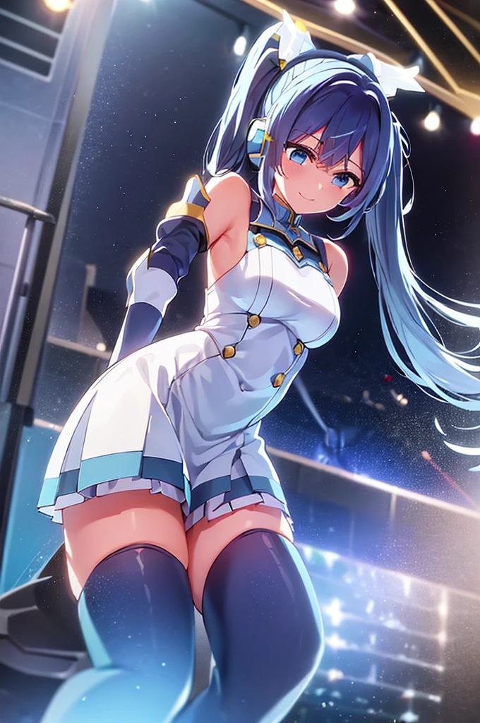 mecha wings、White and blue skirt、Thighs、tights、chest、Twin tails、Blue Hair、1 girl、solo girl、IS、Frame Arms Girl、Alice Gere Aegis、blue armor、income、headphone、hand on own chest、smile、idol woman、idol dress