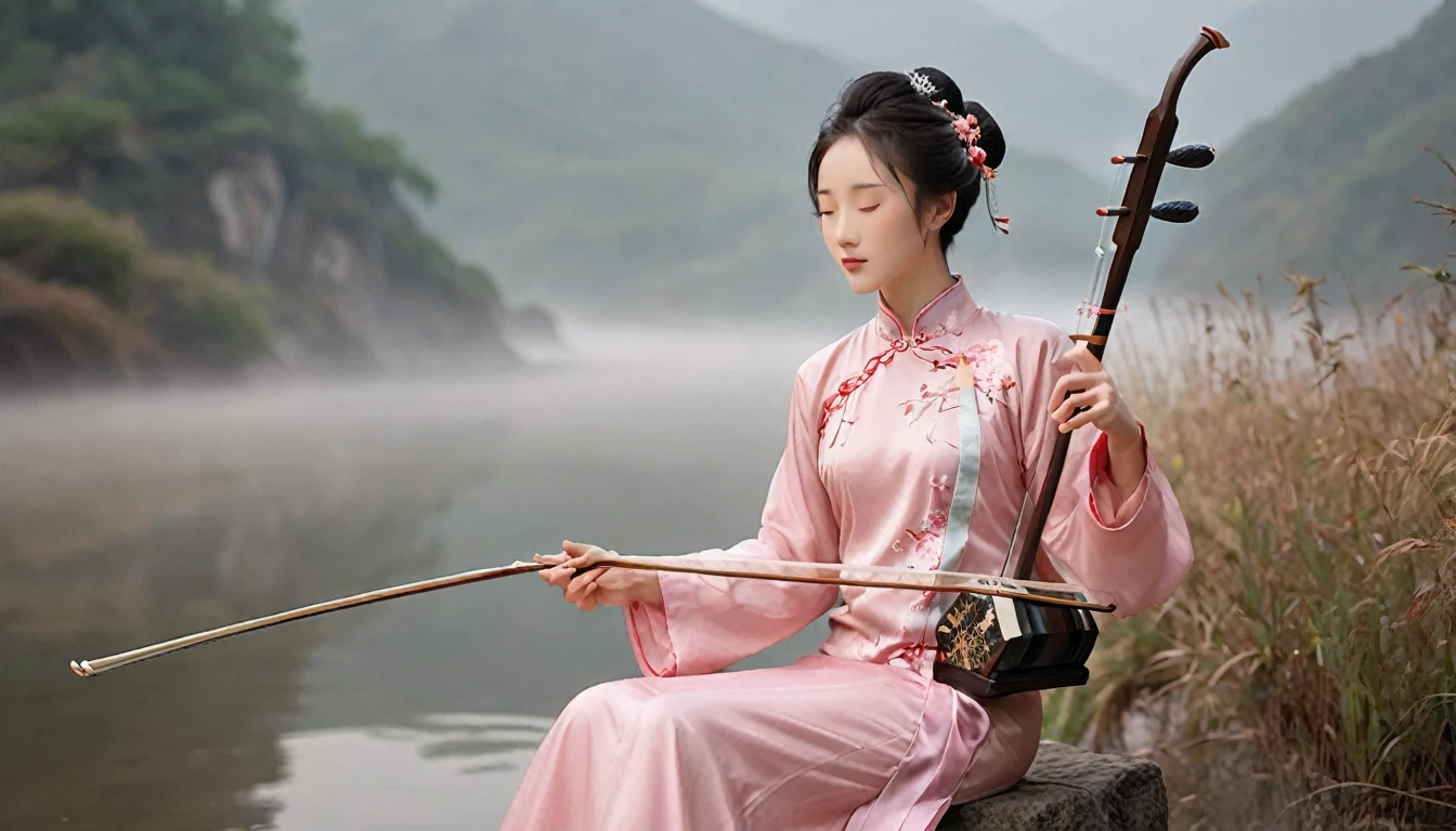 One woman,,Playing erhu,Holding an Erhu, (((masterpiece,Highest quality))),((Good structure,Good composition,Good Atomy)), ((clear, original,beautiful)),sitting on chair, outdoors, chinese nature,Background like a Chinese ink painting, She is dressed in elegant traditional Chinese clothing, such as a qipao or hanfu which flows beautifully as she plays.The background features a majestic scene of misty Chinese mountains at dawn, with the sky painted in warm hues of orange, pink, and gold, creating a serene and enchanting atmosphere. soft, ethereal lighting enhances the landscape, highlighting the beauty of the moment as the sun rises and bathes the scene in a gentle glow,