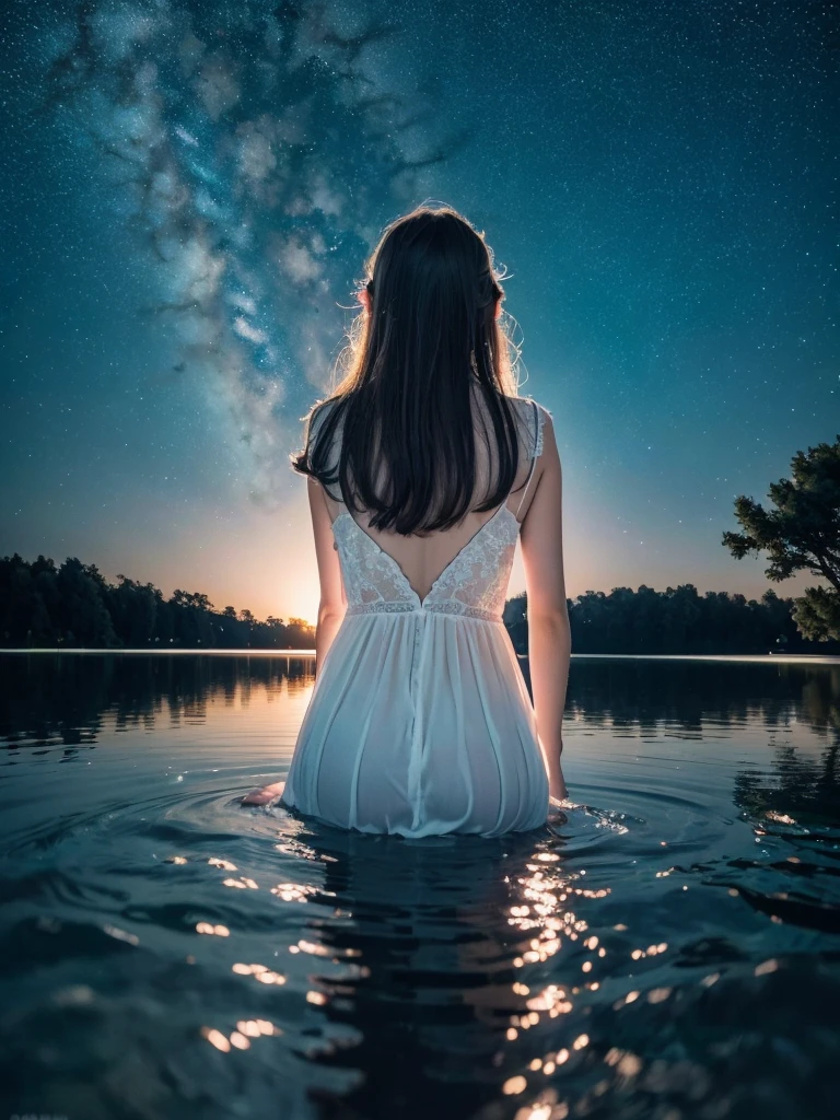 16K, Highest quality, Very detailed, super high quality, Ultra-high resolution, masterpiece, beautiful, RAW Photos, beautiful girl, Dreamy starry sky over a tranquil lake, water surface, water surfaceに映る, Respect, From behind, High Angle, Wide-angle, Long Shot, Spectacular Starry Sky, Sparkling night view