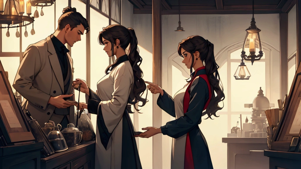 meet a beautiful girl who owns a shop and apply for a job there, side view and talking to the girl, show the character of the prince, a man wearing simple clothes