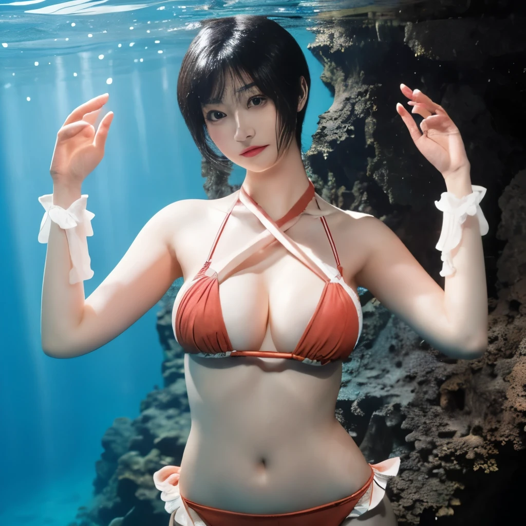 masterpiece、Highest quality、Woman 1、Long-limbed woman、Photorealistic、Very detailed、Idol Sculpture、Swimsuit Gravure　Black Hair、short hair、Straight hair　White swimsuit　Cleavage、Beautiful belly、Soft thighs　Sculpture Pose、Bold leg spread　Jumping into the sea、Underwater、Coral Reef