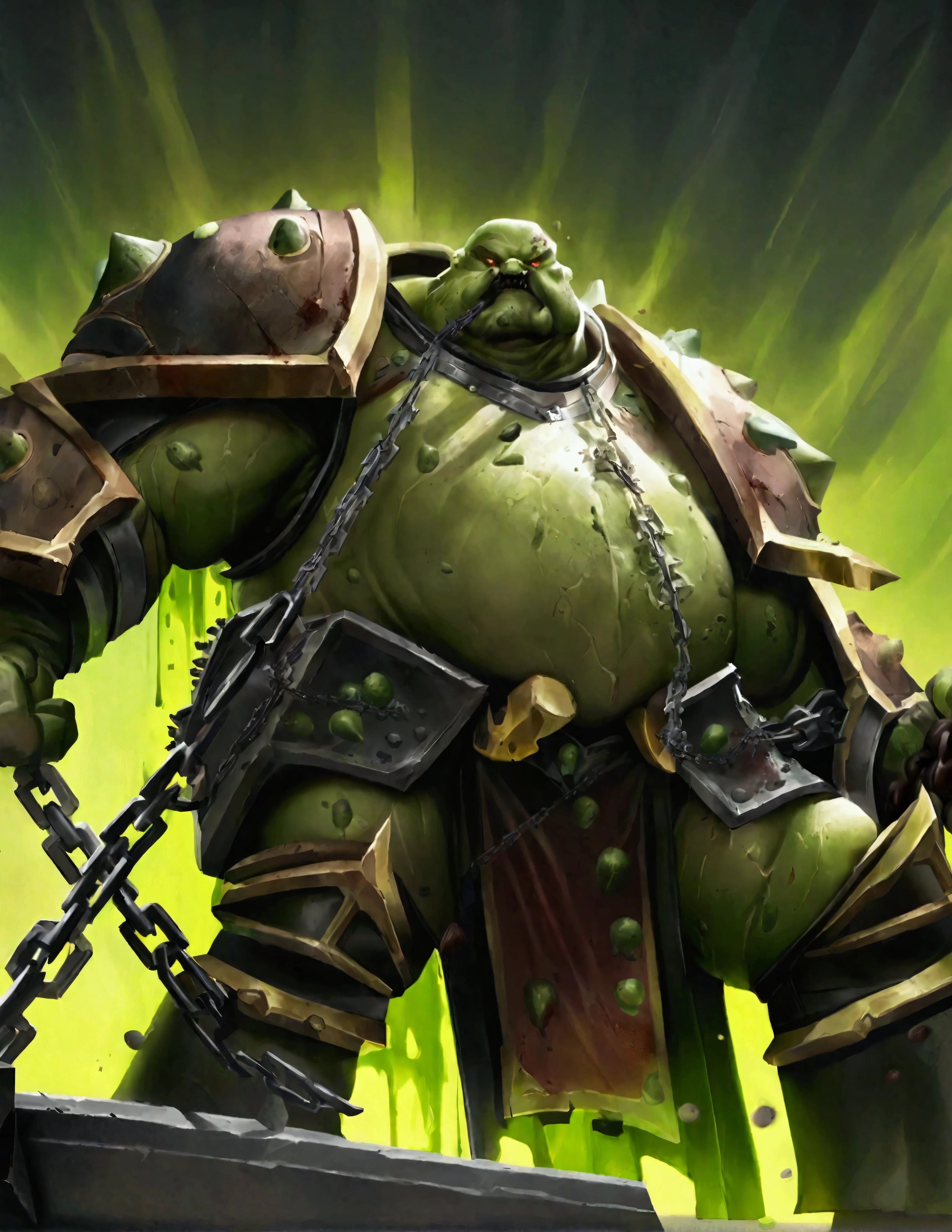 Chaos Space Marine of Nurgle, armor leaking slime and gore, bloated, attacking with a chain sword, viewed from a low angle, battlefield
