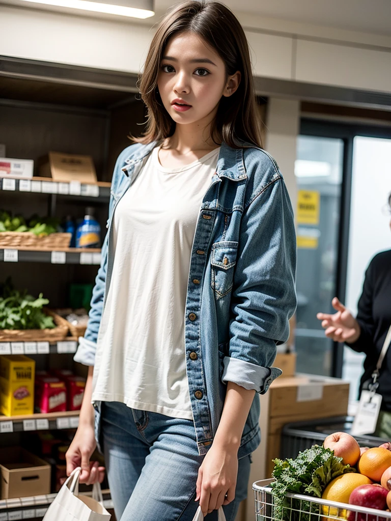 A woman,Messy hair，Wear simple clothes,Surprised expression,The eyes were shocked,Hold your phone,indoor,Grocery room,daytime,Cool colors