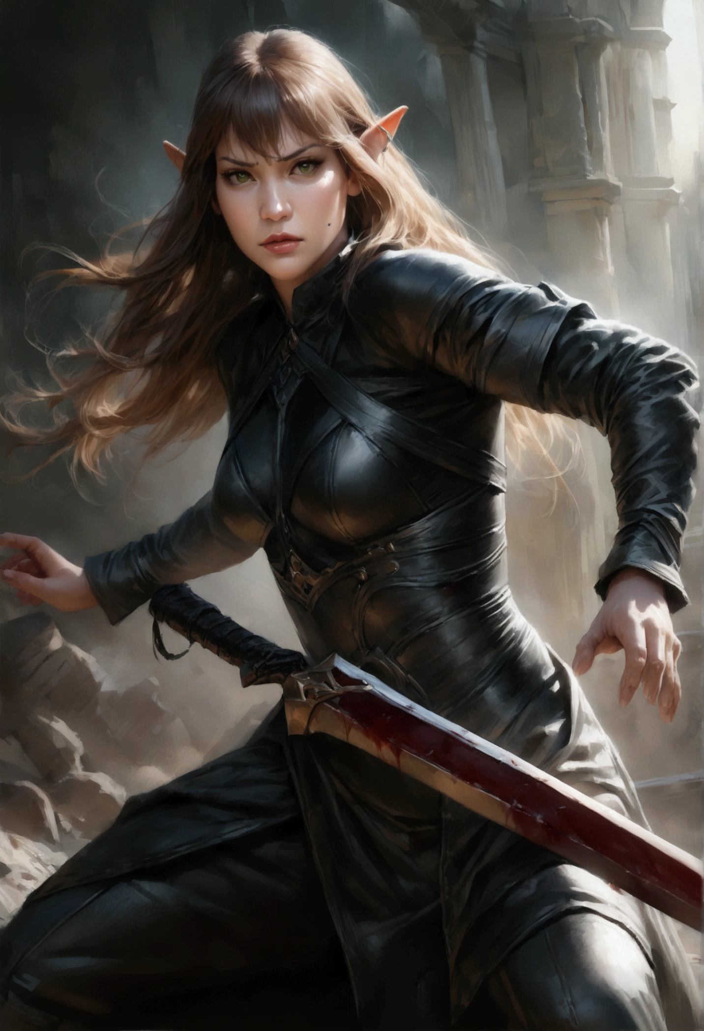 A young, beautiful elven woman, pale skin, brown hair, piercing green eyes, wearing form-fitting black clothes,  frame, dark fantasy aesthetic, long pointed ears, graceful bladedancer, visibly angry expression, tightly gripping a sharp sword, engaged in intense combat, with blood stains on her clothes and surroundings, (best quality,4k,8k,highres,masterpiece:1.2),ultra-detailed,(realistic,photorealistic,photo-realistic:1.37),dark gothic,gritty,dramatic lighting,moody atmosphere,highly detailed facial features,intricate clothing textures,dynamic action pose,vivid colors,cinematic
