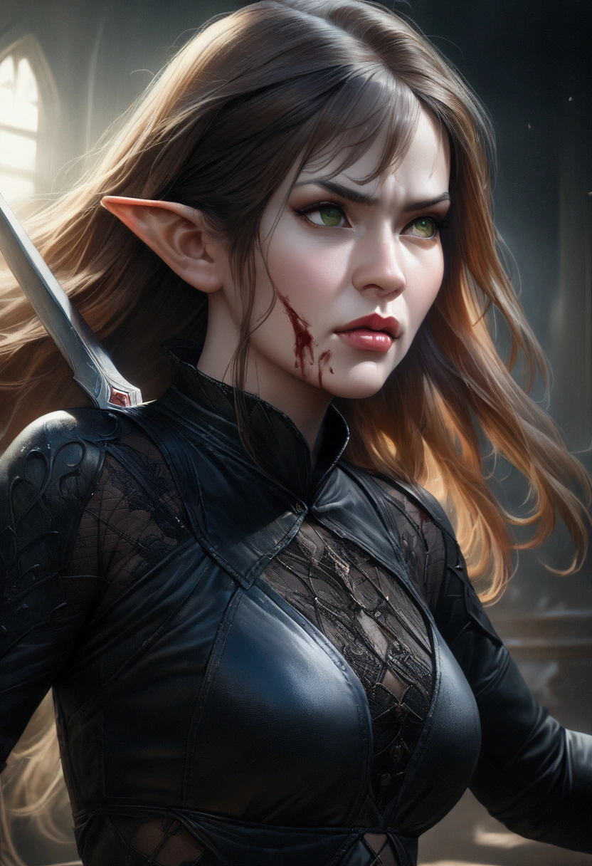 A young, beautiful elven woman, pale skin, brown hair, piercing green eyes, wearing form-fitting black clothes,  frame, dark fantasy aesthetic, long pointed ears, graceful bladedancer, visibly angry expression, tightly gripping a sharp sword, engaged in intense combat, with blood stains on her clothes and surroundings, (best quality,4k,8k,highres,masterpiece:1.2),ultra-detailed,(realistic,photorealistic,photo-realistic:1.37),dark gothic,gritty,dramatic lighting,moody atmosphere,highly detailed facial features,intricate clothing textures,dynamic action pose,vivid colors,cinematic
