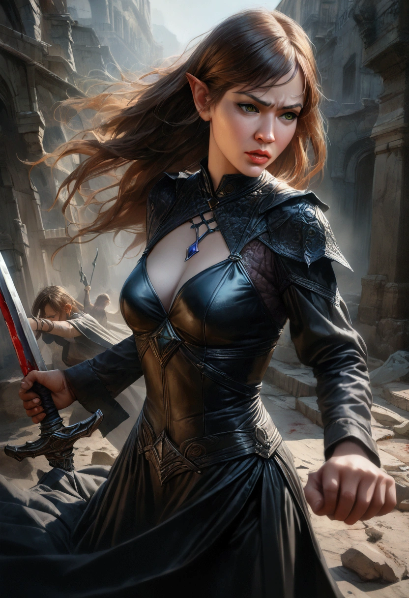 A young, beautiful elven woman, pale skin, brown hair, piercing green eyes, wearing form-fitting black clothes, frame, dark fantasy aesthetic, long pointed ears, graceful bladedancer, visibly angry expression, tightly gripping a sharp sword, engaged in intense combat, with blood stains on her clothes and surroundings, (best quality,4k,8k,highres,masterpiece:1.2),ultra-detailed,(realistic,photorealistic,photo-realistic:1.37),dark gothic,gritty,dramatic lighting,moody atmosphere,highly detailed facial features,intricate clothing textures,dynamic action pose,vivid colors,cinematic