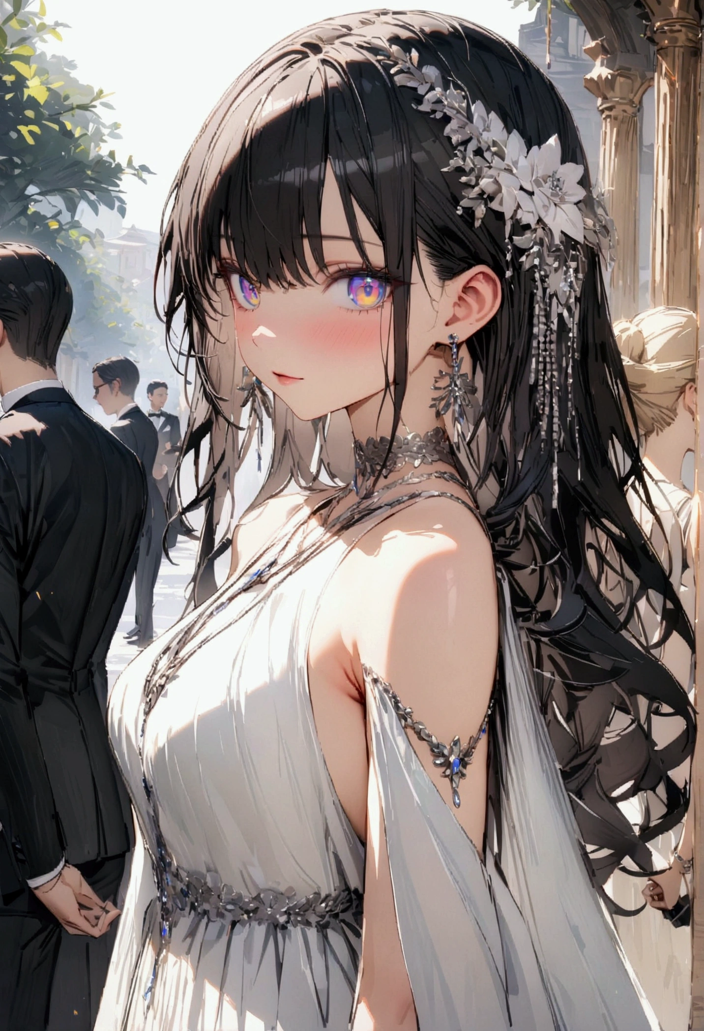 dark iridescent hair, multicolored eyes, slender and athletic built, elegant dress, UHD, masterpiece, super detail, best quality, 8k