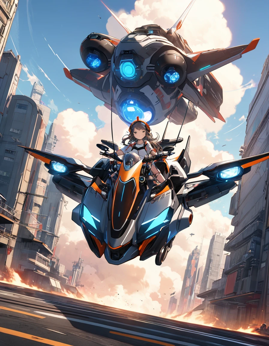 masterpiece,Highly detailed 8k futuristic sci-fi cyberpunk anime,One Girl, beautiful,(白のmechanicalなライダースーツ,Straddle the seat)、 (Flying in the sky with a large hoverbike Flying in the sky without wheels)、Symmetric、mechanical、Box-type SF promotion、Suspended large machine gun、On-board small missile pod、rationalization、A fusion of fighter jets and big bikes、Jet of light ball、R-9Δ、Low angle shot、diagonal、