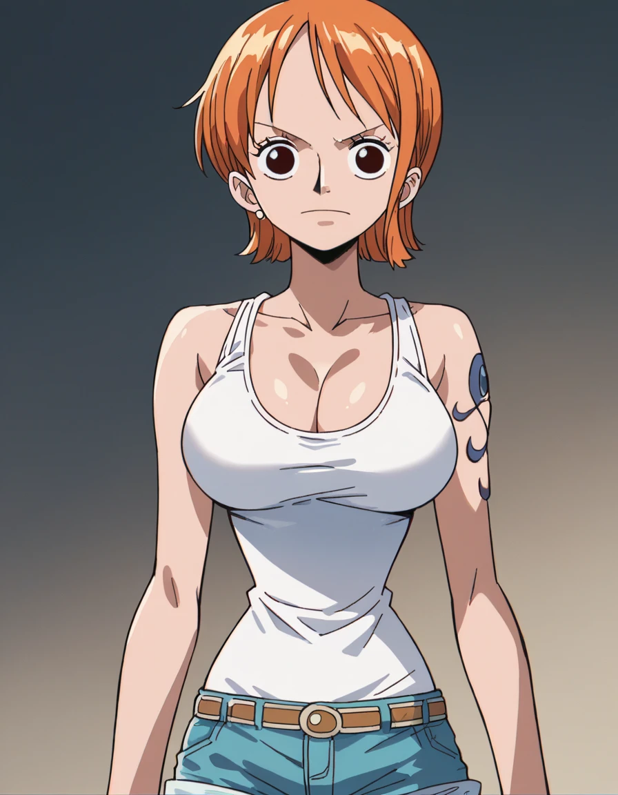 score_9, score_8_up, score_7_up, source_anime, best quality, nami, one piece nami, pre timeskip, orange hair, short hair , large breasts, perfect body, looking at viewer, white tank top, shorts, cowboy shot, from front, cleavage