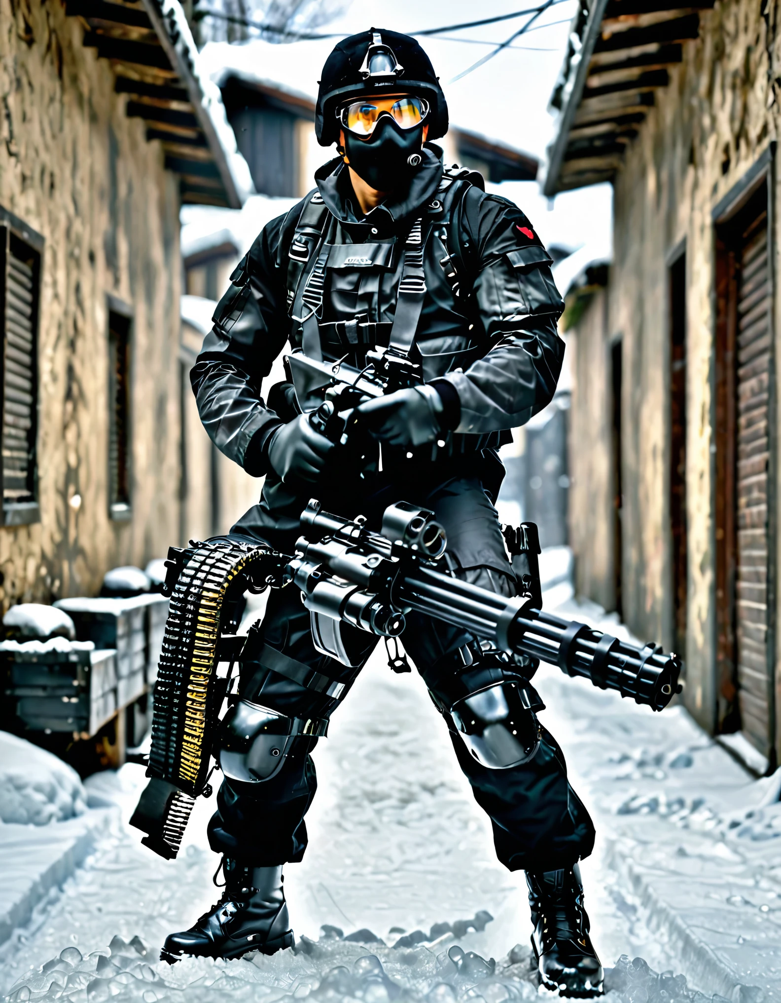 (masterpiece), (highly detailed), (best quality), (high quality), (hires), 1boy, age 30, black m134 minigun, shell casings from gun, tactical vest, gloves, black tactical gloves, matching boots, goggles, goggles on headwear, gun, handgun, helmet, headset, tactical ski mask, male focus, military, military uniform, realistic, solo, trigger discipline, uniform, black uniform, weapon.