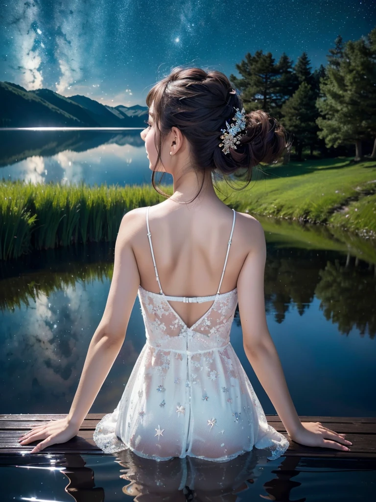 16K, Highest quality, Very detailed, super high quality, Ultra-high resolution, masterpiece, beautiful, RAW Photos, beautiful girl, Dreamy starry sky over a tranquil lake, water surface, water surfaceに映る, Respect, From behind, High Angle, Wide-angle, Long Shot, Spectacular Starry Sky, Sparkling night view