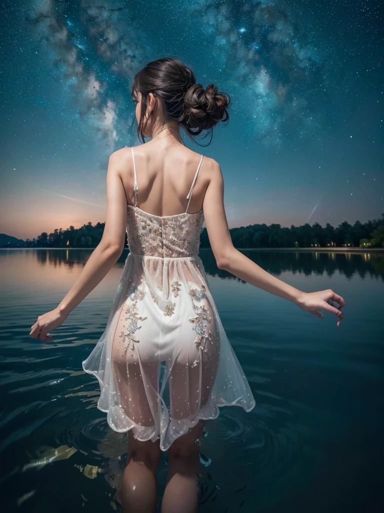 16K, Highest quality, Very detailed, super high quality, Ultra-high resolution, masterpiece, beautiful, RAW Photos, beautiful girl, Dreamy starry sky over a tranquil lake, water surface, water surfaceに映る, Respect, From behind, High Angle, Wide-angle, Long Shot, Spectacular Starry Sky, Sparkling night view