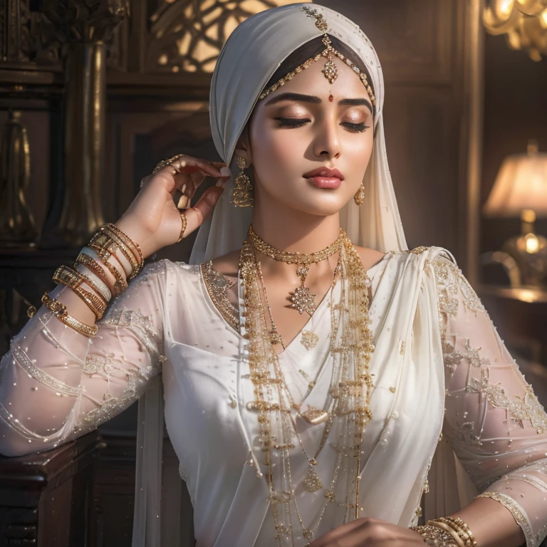 beautiful hijabi teen, girl in tight white saree, wearing golden bangles bracelets necklaces glasses, swiss polo golden watch, in airplane, closed eyes, detailed horny face, cinematic lighting, intricate details, (best quality,4k,8k,highres,masterpiece:1.2),ultra-detailed,(realistic,photorealistic,photo-realistic:1.37),hyper realistic,photorealistic