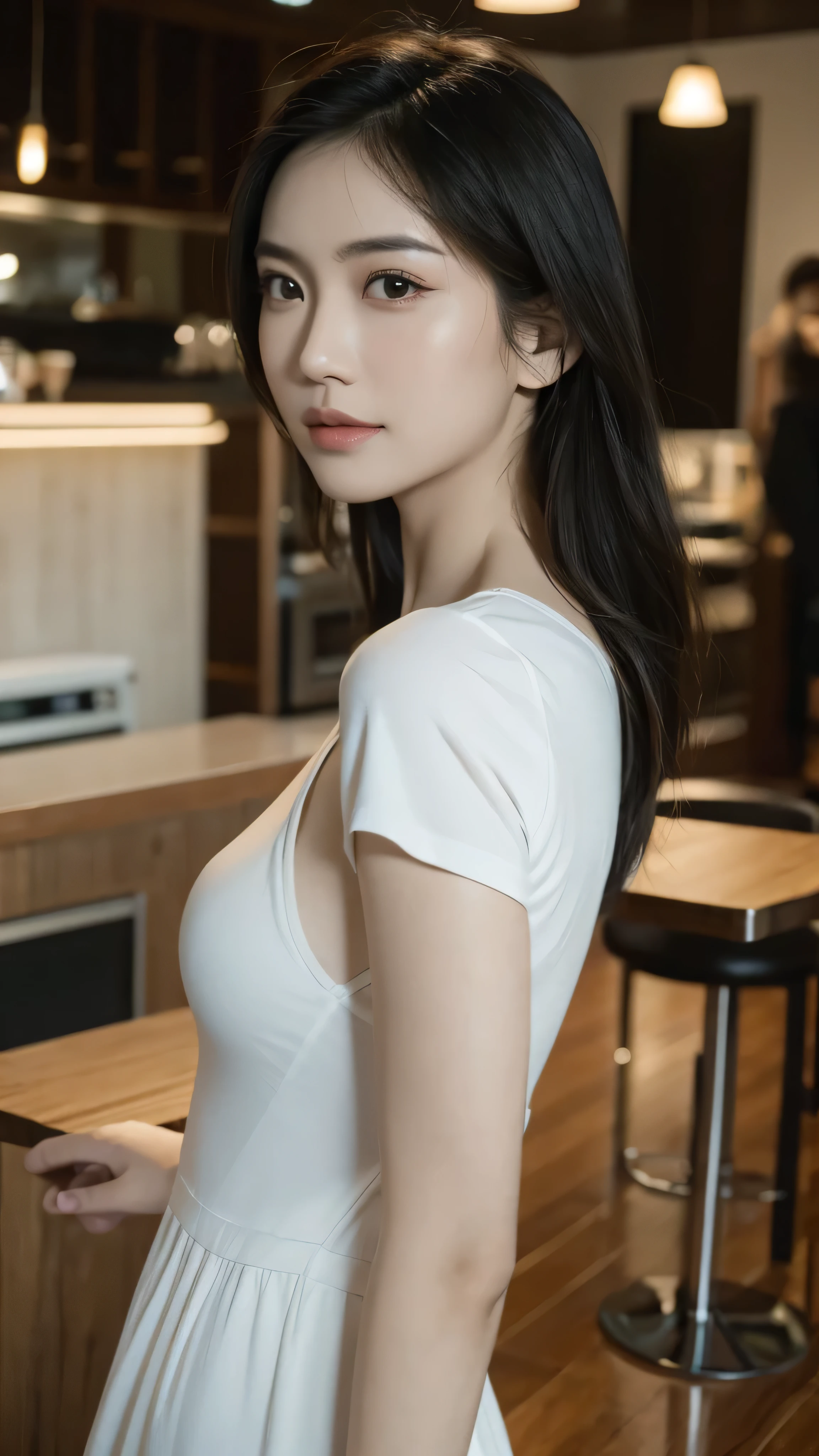 A ultra realistic asiatique woman with black in a sport tenue running, ultra realistic, distant view, detailed cafe interior, warm lighting, atmospheric, cinematic, photorealistic, 8K, highly detailed, intricate textures, natural shadows, reflections, focus on the woman's face and expression, elegant dress, beautiful detailed eyes, beautiful detailed lips, extremely detailed face, long eyelashes, atmospheric mood, subtle color palette, soft focus, photorealistic, masterpiece, (best quality,4k,8k,highres,masterpiece:1.2),ultra-detailed,(realistic,photorealistic,photo-realistic:1.37), detailed face, high detailed, high resolution, realistic background, detailled background