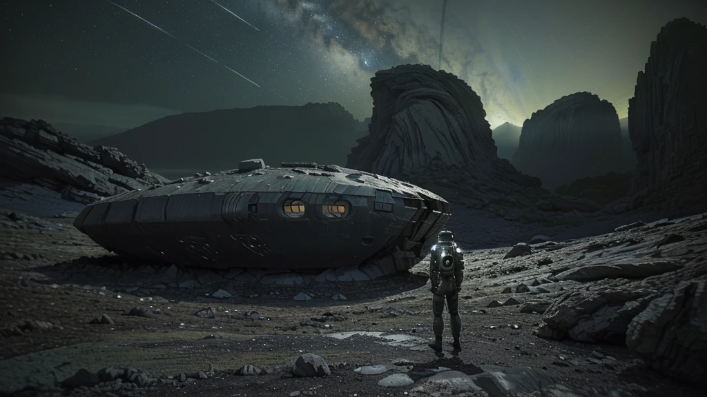 (((masterpiece))) It's nighttime on an alien planet, and a futuristic galactic ship has crashed on the earth of a rocky alien planet, the ship has visible damage from the impact. The astronaut is standing to the side of the scene in the foreground, with his back turned, observing his shattered ship. The planet lacks vegetation, there are only rocks and stones, it's nighttime.