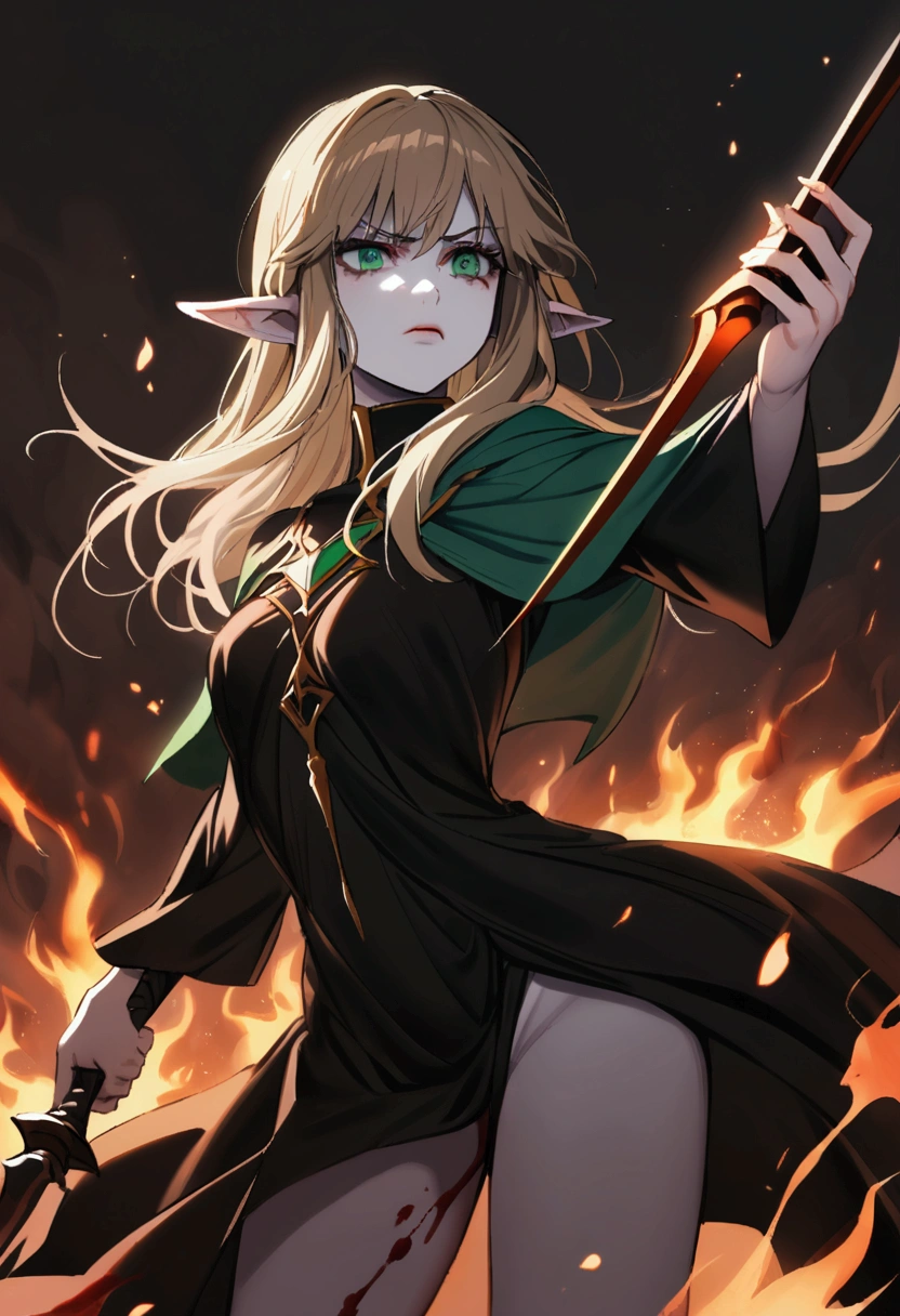Young elven woman, pale skin, brown hair, green eyes, black clothes, small, dark fantasy, long ears, bladedancer, pissed, holding a sword, fighting, blood staina