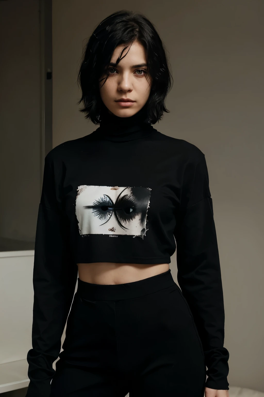 A boy with messy black hair, a scar on his eye, serious, he wears a black turtleneck shirt, Her skin is white, comic style