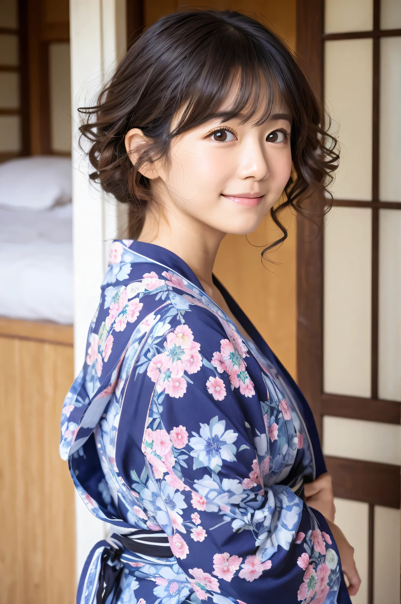 Japanese　whole body　Loose fluffy curls　cute　RAW　photograph　Floral Yukata　Real　front　Whitening　older sister　looking at the camera　Small face　Straight face