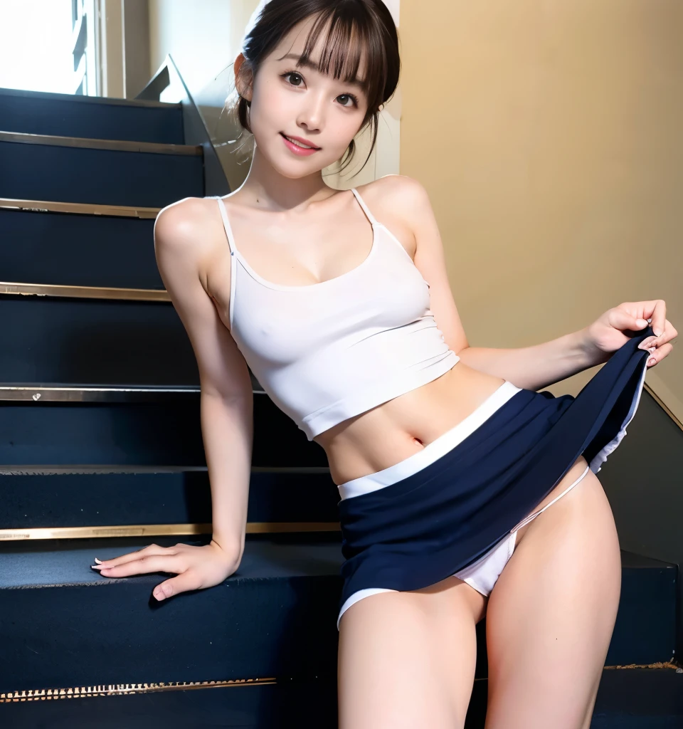 Highest quality、8k、No makeup、masterpiece、Ultra-high resolution、Clear photos、Very cute girl、Baby Face、Small breasts、Large erect nipples:1.6、Tight waist、Delicate body:1.2、Thin legs、Small Ass、Short Bob Hair、Brown Hair、smile、Standing on the stairs:1.8、Go up the stairs to the second floor:1.8、Backwards:1.2、Stick your butt out and turn around:1.2、Wearing a white tank top、Transparent tank top:1.8、(Navy blue mini skirt:1.6)、(White panties are visible:1.6)、Shooting from a low angle:1.8、Shooting from directly behind:1.8、Focus on the thighs:1.8、The gap between the thighs