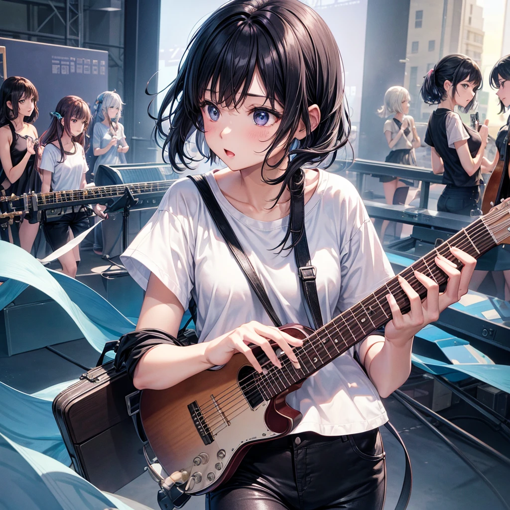whole body、An illustration、7th life、Cute woman、Five-member girl band、Instrument playing、Plain white T-shirt、Black skinny pants