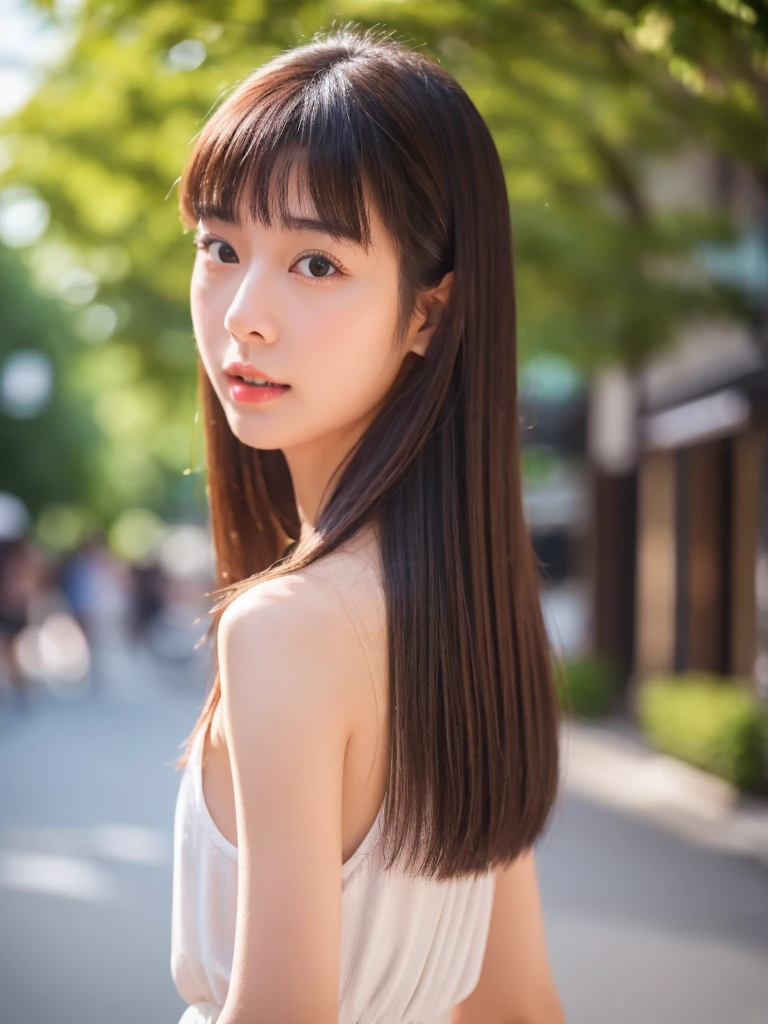 best quality, 8k, very delicate and beautiful, highly detailed face and skin texture, shiny skin, high resolution, japanese girl walking on street, sharp focus